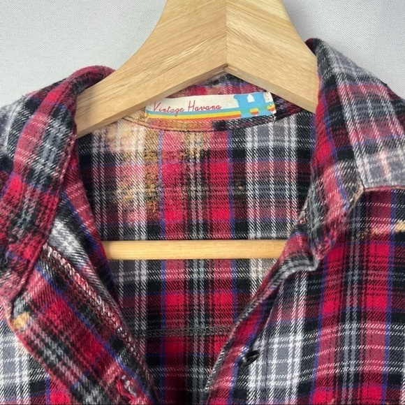 Vintage Havana Red Plaid Bleach Dyed Button Down Flannel Happy Patch Back S - Picture 4 of 4